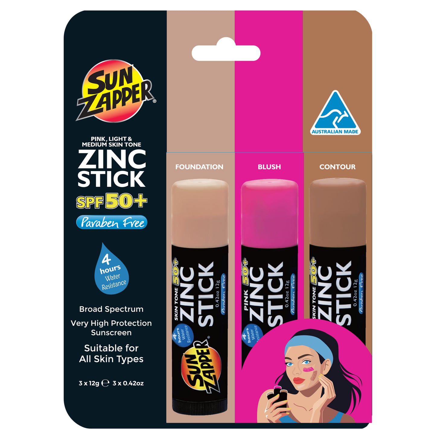 Zinc Sticks Beauty 3-Pack: Light Skin Tone, Dark Skin Tone, Pink- SPF 50+