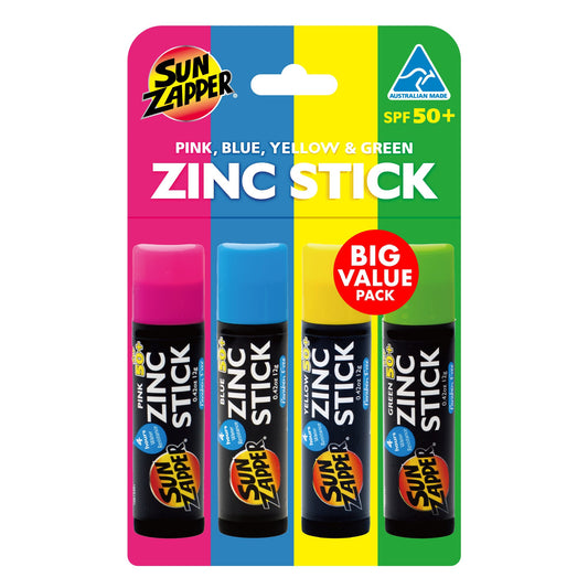Zinc Sticks Rainbow 4 Pack: Pink, Blue, Yellow & Green SPF 50+