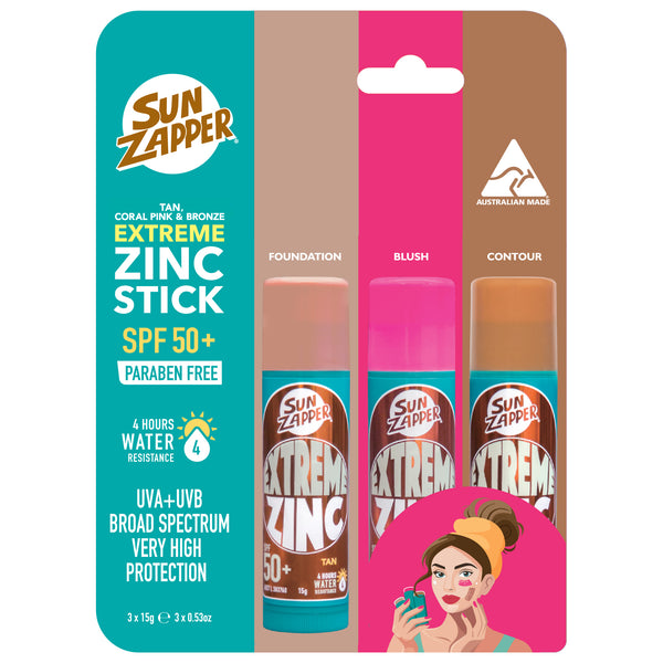 Extreme Zinc Stick Beauty 3-Pack SPF 50+ – Foundation, Bronzer & Blush (Tan, Bronze, Pink) — Sun Zapper Australian zinc sunscreen