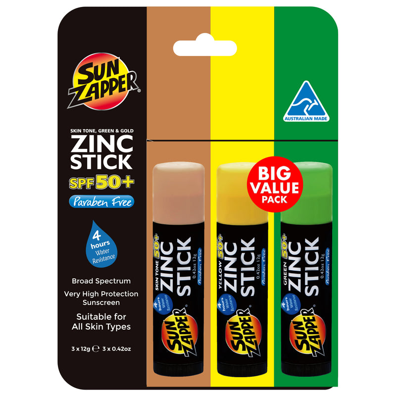 Zinc Stick 3-Pack SPF 50+ – Light Skin Tone, Green & Yellow — Australian zinc sunscreen by Sun Zapper, made in Australia