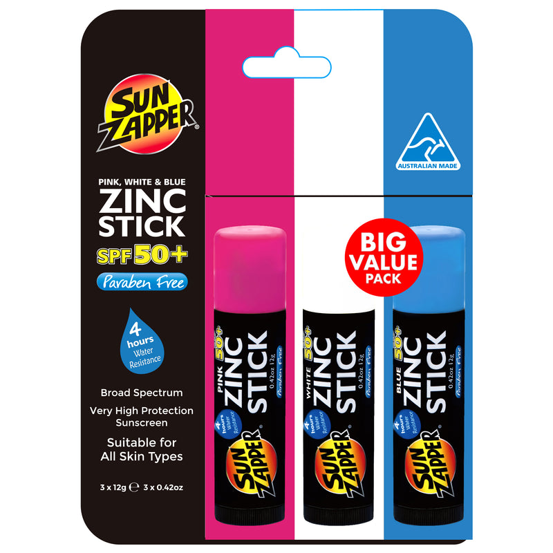 Zinc Sticks - 3-Pack: Pink, White & Blue - SPF 50+ — Australian zinc sunscreen by Sun Zapper, made in Australia