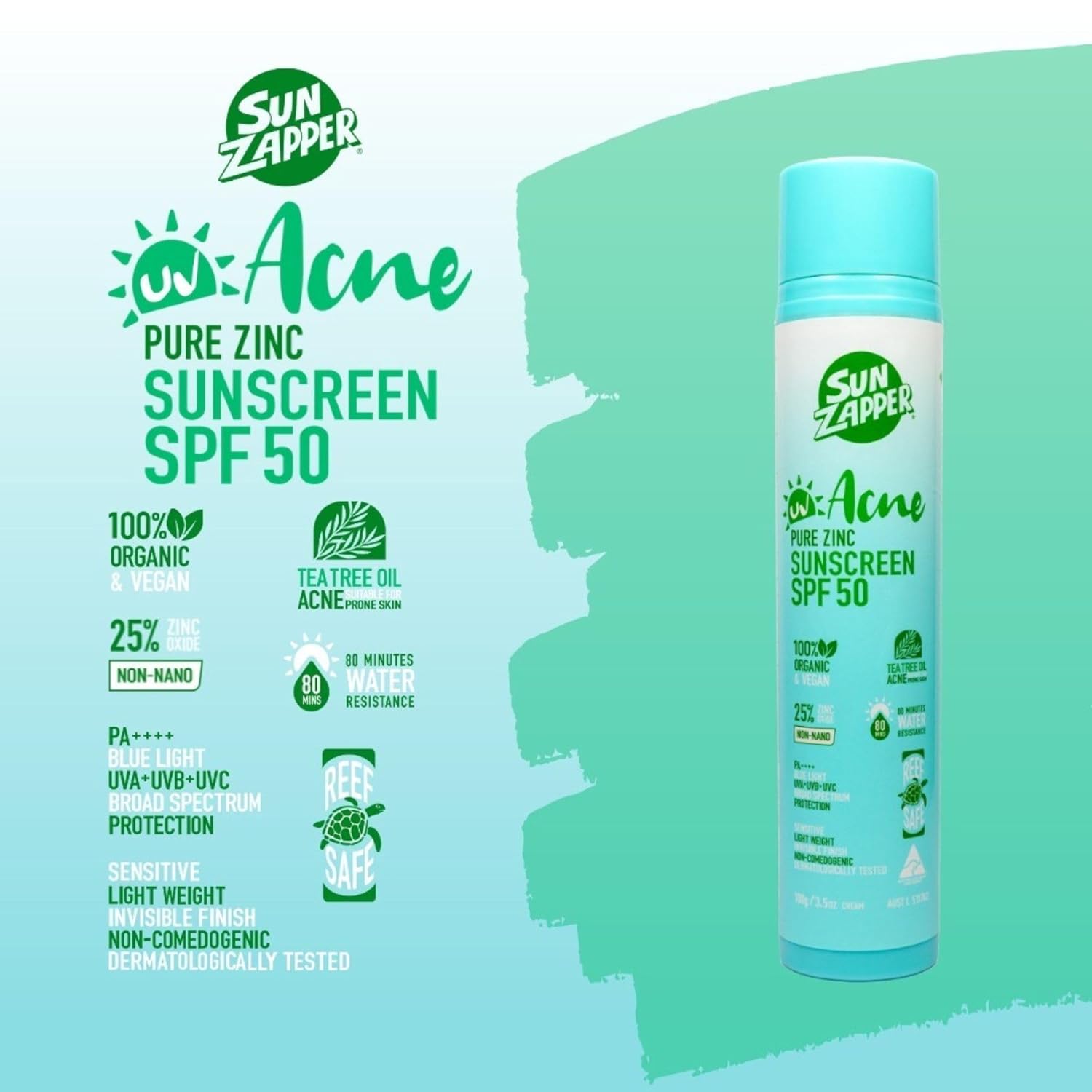Acne Sunscreen SPF 50 Non-Comedogenic Zinc Oxide - Sun Zapper