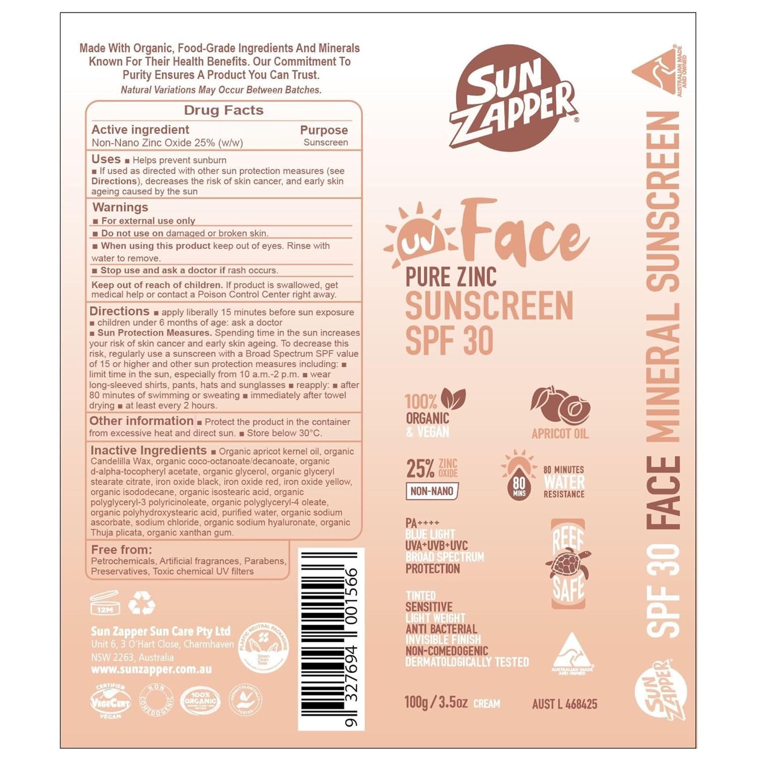 Mineral Face Sunscreen SPF 30 Tinted Zinc Oxide - Sun Zapper — Sun