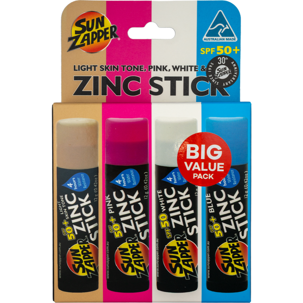 Zinc Stick Beach 4-Pack SPF 50+ – Light Skin Tone, Pink, White & Blue — Sun Zapper Australian zinc sunscreen