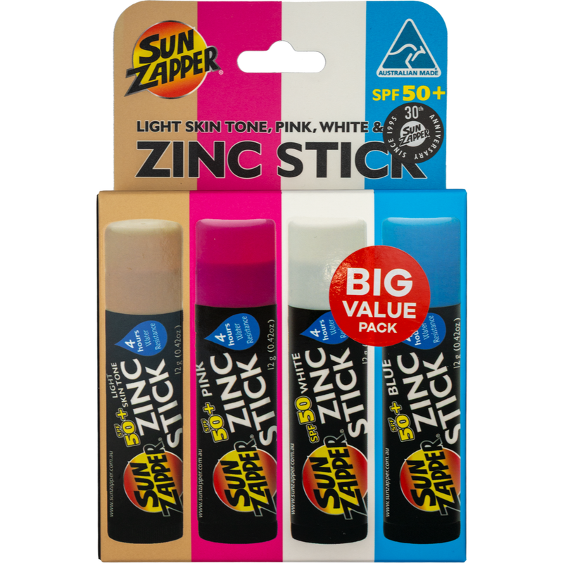 Zinc Stick Beach 4-Pack SPF 50+ – Light Skin Tone, Pink, White & Blue — Australian zinc sunscreen by Sun Zapper, made in Australia